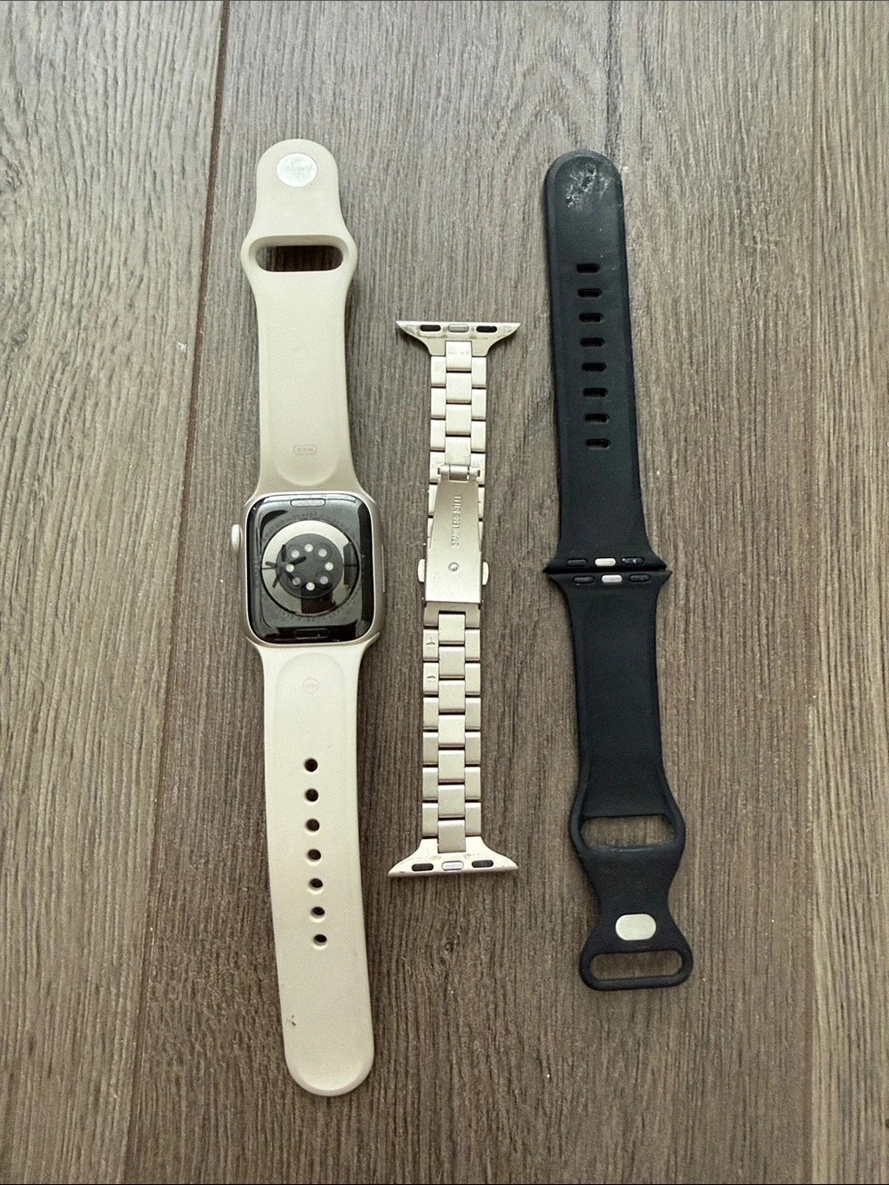 Apple series 7 watch starlight, black and silver bands